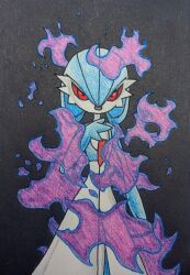 1girl :o absurdres alternate_color alternate_eye_color arm_at_side aura black_background blue_hair blue_skin bob_cut colored_pencil_(medium) colored_sclera colored_skin commentary_request dark_aura flat_chest gardevoir hair_between_eyes hand_up highres looking_at_viewer multicolored_skin open_mouth partial_commentary pokemon pokemon_(creature) pokemon_go red_eyes red_sclera shiny_pokemon short_hair simple_background solo standing suyamagin traditional_media two-tone_skin white_skin 