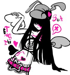  1girl alien_stage animal_ears belt character_name commentary english_commentary grey_hat hair_over_eyes hat heart kiki_00s long_hair pink_belt rabbit_ear_headwear rabbit_ears romaji_text solo spiral_print spoken_x spot_color star_(symbol) strapless sua_(alien_stage) sua_(zombie_stage) tube_top wings zombie_stage 