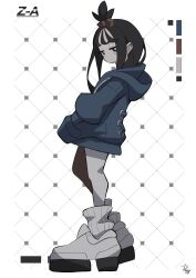  1girl black_eyes black_hair blue_hoodie color_guide commentary cube_hair_ornament earclip hair_ornament highres hood hood_down hoodie ida_(idalol490) leggings lida_(pokemon) looking_at_viewer muted_colors pale_skin pokemon pokemon_legends:_z-a ribbed_socks socks solo topknot two-tone_legwear white_leggings wispy_bangs 