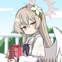  1girl akagyogun black_neckerchief blue_archive blue_sky blush box brown_eyes brown_hair capelet collar commentary_request fence flower_hairband from_side gift gift_box green_hairband hairband halo holding holding_box long_hair long_sidelocks looking_at_viewer nagisa_(blue_archive) neckerchief red_halo sailor_collar sidelocks sky smile solo white_capelet white_collar white_sailor_collar white_wings wings 