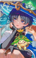  1boy arama_(genshin_impact) aranara_(genshin_impact) ararycan_(genshin_impact) arm_on_thigh armor bishounen black_bodysuit black_bridal_gauntlets black_hair blue_cape blue_eyes blue_hair blue_hat blue_jingasa blue_kimono blue_pupils blue_sleeves blunt_ends bodysuit border bridal_gauntlets cape chappoooonn character_request creature creature_on_head creature_on_lap creature_on_shoulder genshin_impact gold gold_ring grey_background hand_on_own_face hand_up hat highres japanese_armor japanese_clothes jingasa juban kimono kote kurokote layered_sleeves looking_at_creature lower_eyelashes_only male_focus middle_ring multicolored_hair musical_note on_shoulder open_clothes open_kimono open_mouth scaramouche_(genshin_impact) short_sleeves shoulder_peek side_cape sketch slit_pupils streaked_hair translation_request tsurime wanderer_(genshin_impact) white_border white_kimono white_sleeves wispy_bangs wolf_cut 