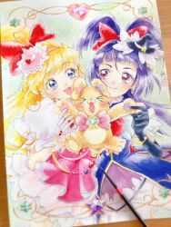  2girls :d art_tools_in_frame asahina_mirai black_gloves black_hat blonde_hair bow bracelet closed_mouth commentary_request cure_magical cure_miracle dress elbow_gloves frilled_dress frilled_hat frills gloves hair_bow hat highres holding holding_stuffed_toy izayoi_liko jewelry long_hair looking_at_another magical_girl mahou_girls_precure! mini_hat mini_witch_hat mofurun_(precure) multiple_girls open_mouth painting_(medium) paytuy photo_(medium) pink_dress pink_hat precure puffy_short_sleeves puffy_sleeves purple_dress purple_hair red_bow red_eyes short_sleeves smile stuffed_animal stuffed_toy teddy_bear tilted_headwear traditional_media violet_eyes watercolor_(medium) white_gloves witch_hat 