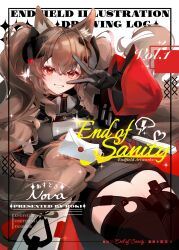  1girl absurdres angelina_(arknights) animal_ears arknights arknights:_endfield black_dress black_thighhighs blush character_name comiket_108 commentary_request cover cover_page cowboy_shot doujin_cover dress fox_ears fox_girl gilberta_(arknights) hair_ornament highres jacket letter long_hair looking_at_viewer open_clothes open_jacket red_eyes red_jacket roki@ smile solo thigh-highs thighs twintails v v_over_eye very_long_hair wavy_hair wax_seal zettai_ryouiki 