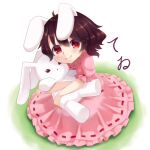  1girl animal_ears bangs blush brown_hair closed_mouth commentary_request dress floppy_ears frilled_sleeves frills full_body hair_between_eyes himeno_(kujousyuon) inaba_tewi looking_at_viewer pink_dress puffy_short_sleeves puffy_sleeves rabbit_ears rabbit_girl red_eyes ribbon-trimmed_dress short_hair short_sleeves smile solo stuffed_animal stuffed_bunny stuffed_toy touhou 