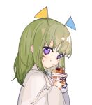  1boy androgynous bangs bread character_request check_character crumbs eating enkidu_(fate) fate/grand_order fate_(series) flag food food_on_face food_wrapper from_side green_hair hands_up holding holding_food kingu_(fate) long_hair long_sleeves looking_at_viewer looking_to_the_side male_focus object_on_head robe rocco simple_background solo upper_body violet_eyes white_background white_robe wide_sleeves 