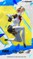  1girl aigis_(persona) android armband artist_request blonde_hair blue_eyes bow breasts commentary_request copyright_name finger_cannon from_side full_body goddess_of_victory:_nikke hair_between_eyes highres joints looking_ahead official_art parted_lips persona persona_3 profile red_armband red_bow robot_joints short_hair small_breasts zoom_layer 