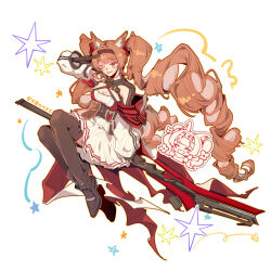  1girl angelina_(arknights) angelina_the_mellow_wish_(arknights) animal_ear_fluff animal_ears arknights black_boots black_collar black_gloves black_hairband black_thighhighs boots brown_hair chibi chinese_commentary collar commentary_request commission detached_sleeves dress fox_ears fox_girl full_body gloves hair_between_eyes hairband hand_up highres infection_monitor_(arknights) long_hair long_sleeves looking_at_viewer multicolored_hairband one_eye_closed pleated_dress salute sitting smile solo staff_riding star_(symbol) thigh-highs twintails two-tone_hairband very_long_hair wan_ling white_background white_dress 