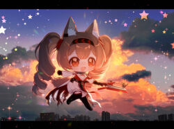  1girl :d angelina_(arknights) angelina_the_mellow_wish_(arknights) animal_ear_fluff animal_ears aoko_(amamiya_aoko) arknights black_collar black_gloves black_hairband black_thighhighs brown_eyes brown_hair chibi chibi_only chinese_commentary clouds collar commentary_request detached_sleeves dress drill_hair earpiece evening fox_ears fox_girl full_body gloves hair_between_eyes hairband high_up infection_monitor_(arknights) letterboxed long_hair long_sleeves looking_at_viewer multicolored_hairband open_mouth photo_background sitting sky smile solo sparkle staff_riding star_(symbol) thigh-highs twintails two-tone_hairband very_long_hair white_dress 