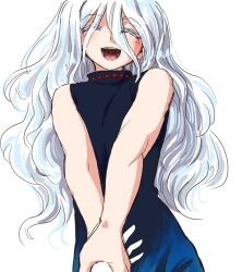  1girl 1other ^_^ black_dress blue_dress closed_eyes commentary_request dress facing_viewer gradient_clothes gradient_dress grey_hair hair_between_eyes hand_grab long_hair long_hair_between_eyes open_mouth pov pov_hands s-a-murai simple_background sleeveless sleeveless_dress smile touhou turtleneck turtleneck_dress very_long_hair white_background yuiman_asama 