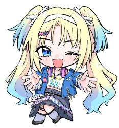  1girl blue_jacket blush camisole chibi chibi_only commentary_request flower_stand_art frilled_skirt frilled_sleeves frills full_body grey_shoes grey_skirt highres jacket looking_at_viewer love_live! love_live!_hasu_no_sora_jogakuin_school_idol_club open_clothes open_hands open_jacket osawa_rurino outstretched_arms shoes simple_background skirt solo tomodachi_ni_nareru_basho white_background white_camisole zangemiya 