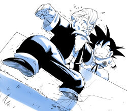  amayuki318 black_jacket black_pants chinese_clothes clenched_hands clenched_teeth commentary_request dougi dragon_ball dragon_ball_(classic) facial_hair hair_between_eyes highres jacket martial_arts_belt mustache muten_roushi nervous nervous_sweating pants raised_eyebrows sleeveless son_goku spiky_hair sweat teeth thick_eyebrows trembling white_beard wristband 
