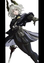  1girl arknights arm_up black_dress black_pantyhose bodystocking commentary_request dress earrings feet_out_of_frame gloves grey_eyes grey_gloves grey_hair hair_intakes head_wings highres holding holding_sword holding_weapon irene_(arknights) irene_(the_adjudicatrix_and_her_resolve)_(arknights) jewelry long_sleeves looking_at_viewer mattun_8230 official_alternate_costume pantyhose pillarboxed scar scar_across_eye scar_on_face short_hair solo sword weapon wings 