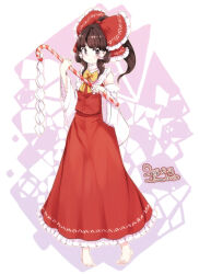  1girl barefoot blush bow bowtie brown_eyes brown_hair candy candy_cane closed_mouth commentary_request dated detached_sleeves food frilled_bow frilled_hair_tubes frilled_skirt frills full_body furim hair_bow hair_tubes hakurei_reimu highres holding holding_candy holding_candy_cane holding_food long_hair looking_at_viewer red_bow red_skirt ribbon-trimmed_sleeves ribbon_trim signature skirt skirt_set smile solo toes touhou yellow_bow yellow_bowtie 