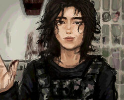  1boy adam's_apple black_hair black_shirt black_sweater blood blood_on_hand brown_eyes camouflage classroom hand_up highres light_smile load-bearing_vest long_sleeves male_focus medium_hair real_life salvador_ramos school shirt smeared_blood sweater touhouenthusiastye true_crime uvalde_school_shooting whiteboard wispy_bangs 