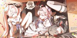 3girls aemeath_(wuthering_waves) ahoge bare_shoulders black_hair blue_eyes blush box breasts chisa_(wuthering_waves) chokkon closed_mouth denia_(wuthering_waves) highres male_rover_(wuthering_waves) medium_breasts multiple_girls open_mouth pink_hair red_eyes rover_(wuthering_waves) smile wuthering_waves 