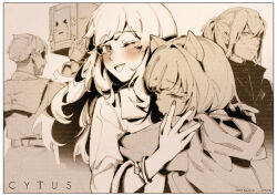  >_< 1other 2boys 2girls absurdres animal_ear_hood animal_ears aroma_white asakura_neko beard blush bracelet cat_ears closed_eyes coat commentary_request conner_(cytus) copyright_logo copyright_notice cytus cytus_ii eyepatch facial_hair highres hood hood_down hooded_jacket hug humanoid_robot jacket jewelry joints logo long_hair looking_at_another mechanical_arms monitor_head monochrome multiple_boys multiple_girls official_art one_eye_closed open_mouth ponytail robo_head_(cytus) robot robot_joints sepia shirt short_hair simon_jackson smile teardrop tearing_up tears wiping_tears 