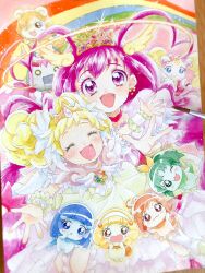  6+girls :d afro_puffs aoki_reika art_tools_in_frame blonde_hair candy_(precure) choker closed_eyes colored_eyelashes commentary_request cure_happy cure_happy_(princess_form) dress earrings frilled_wrist_cuffs frills gold_tiara green_dress halo head_wings highres hino_akane_(precure) hoshizora_miyuki jewelry kise_yayoi looking_at_viewer magical_girl midorikawa_nao multiple_girls open_mouth outstretched_arms painting_(medium) paytuy photo_(medium) pink_choker pink_eyes pink_hair pop_(precure) precure royal_candy smile smile_precure! traditional_media w watercolor_(medium) white_choker white_dress white_wrist_cuffs wings wrist_cuffs 