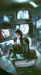  1boy absurdres animal asymmetrical_bangs black_boots black_horns black_nails black_pants boots closed_mouth colored_extremities dog fingernails glowing glowing_eyes highres holding holding_mask hood hood_up horns indoors lips long_sleeves looking_at_viewer male_focus mask original pants parted_bangs profile short_hair sitting solo television torn_clothes white_eyes white_hair xiee_bi_da_mowang 