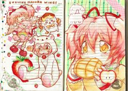  1girl 2000s_(style) animal_hood apple bear_hood care_bears cheer_bear chiikawa clover cosplay eating feathered_wings food four-leaf_clover fruit hachiware_(chiikawa) highres holding holding_stuffed_toy hood kaname_madoka kaname_madoka_(magical_girl) korilakkuma korilakkuma_(cosplay) lennardo_(grim_the_end) magical_girl mahou_shoujo_madoka_magica mahou_shoujo_madoka_magica_(anime) mitakihara_school_uniform mona_(2ch) multiple_views onesie pink_hair red_ribbon ribbon san-x school_uniform short_twintails strawberry stuffed_animal stuffed_toy teddy_bear tomoe_mami tomoe_mami_(cosplay) twintails white_wings wings yellow_eyes 