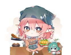 2girls animal_ears apron bird_ears blue_apron bright_pupils brown_eyes brown_kimono brown_sash chibi chibi_only closed_mouth commentary_request cup dog_ears dog_girl drink frying_pan green_hair hair_between_eyes headscarf holding holding_frying_pan holding_plate japanese_clothes kasodani_kyouko katsu_(food) kimono looking_at_viewer medium_hair multiple_girls mystia_lorelei obiage obijime okamisty pink_hair plate plate_on_head sia_6767 smile tasuki touhou touhou_mystia's_izakaya waist_apron white_apron white_pupils yunomi 