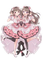  2girls :d animification arm_up black_pantyhose bow brown_hair closed_mouth commentary_request fishnet_pantyhose fishnets frilled_skirt frills fujishima_megumi full_body hair_bow high_heels highres holding holding_microphone leg_up looking_at_viewer love_live! love_live!_hasu_no_sora_jogakuin_school_idol_club microphone microphone_to_viewer miniskirt multiple_girls open_hand open_mouth pantyhose pink_eyes pink_skirt real_life roku_aya_fuyu shirt shoes simple_background single_leg_pantyhose skirt smile tsukine_kona two_side_up violet_eyes virtual_youtuber voice_actor voice_actor_connection white_background white_bow white_shirt white_shoes yappa_tenshi! 