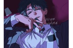  1boy alien_stage black_eyes black_hair black_jacket card collared_shirt commentary dated half-closed_eyes holding holding_card ivan_(alien_stage) jacket long_sleeves looking_at_viewer lying male_focus nnf404 official_alternate_costume on_back pillarboxed red_pupils shirt short_hair signature smile solo suit_jacket very_short_hair white_shirt 