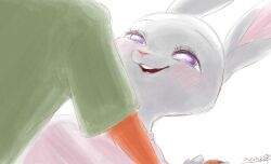  1boy 1girl :3 animal_ears artist_name blush body_fur buck_teeth commentary_request furry furry_female furry_male furry_with_furry green_shirt grey_fur half-closed_eyes happy head_out_of_frame hetero highres holding_hands judy_hopps looking_at_another looking_up lying meme_(penpengusa_no_meme) multi-source_commentary nick_wilde on_back open_mouth orange_fur partial_commentary pink_shirt rabbit_ears rabbit_girl shirt short_sleeves signature simple_background smile snout solo_focus teeth violet_eyes white_background zootopia 