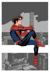  1boy bodysuit brown_eyes commentary_request full_body hiems_xii highres male_focus marvel short_hair sitting solo spider-man spider-man:_brand_new_day spider-man_(original_suit) spider-man_(series) superhero_costume 