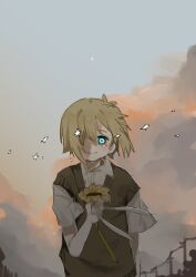  1boy antenna_hair basil_(faraway)_(omori) basil_(omori) blonde_hair blue_eyes blush closed_mouth collared_shirt commentary_request day flower green_sweater_vest hair_over_one_eye holding holding_flower looking_at_viewer male_focus omori outdoors outo401kyouhu overcast shirt short_hair short_sleeves sky smile solo sunflower sweater_vest upper_body white_shirt 