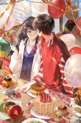  1boy 1girl :< ;< absurdres ayn_alwyn balloon banana banana_slice basket beret black_hair blue_vest blush box braid cake cake_stand candy cardigan center_frills cherry chinese_commentary chocolate-covered_food closed_mouth collared_shirt couple cream cream_on_face cupcake day doughnut drawstring facing_away food food_on_face frills fruit gift gift_box hair_between_eyes hair_ribbon hat heroine_(lovebrush_chronicles) hetero highres holding holding_spoon implied_kiss indoors kiss kissing_eye long_hair long_sleeves looking_at_another lovebrush_chronicles macaron male_focus one_eye_closed open_cardigan open_clothes party pinstripe_pattern pinstripe_vest plate pocky pudding red_ribbon red_skirt red_sweater ribbon shirt short_hair side_braid skirt sparkle spoon sprinkles strawberry strawberry_slice striped_sleeves stuffed_animal stuffed_toy sweater table tablecloth teddy_bear upper_body vest violet_eyes whipped_cream white_cardigan white_shirt window wooden_floor wrapped_candy xiaotianxia 
