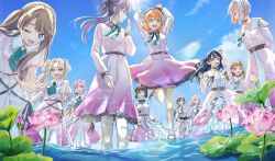  6+girls :d ;d anyoji_hime aqua_eyes bare_shoulders beret black_hat black_ribbon blonde_hair blue_eyes blue_hair blue_sky bob_cut brown_hair ceras_yanagida_lilienfeld clothing_cutout clouds collarbone colored_inner_hair commentary_request day dream_believers dress everyone flower frilled_dress frilled_sleeves frills fujishima_megumi gradient_hair green_eyes hair_bun hair_flower hair_ornament hair_ribbon hat highres hinoshita_kaho inverted_bob kachimachi_kosuzu katsuragi_izumi lens_flare long_hair long_sleeves looking_at_another looking_at_viewer lotus love_live! love_live!_hasu_no_sora_jogakuin_school_idol_club medium_dress medium_hair momose_ginko multi-tied_hair multicolored_hair multiple_girls murano_sayaka one_eye_closed open_mouth orange_hair osawa_rurino otomune_kozue outdoors parted_bangs pink_dress pink_eyes pink_flower pink_hair ponytail purple_hair red_flower red_hair red_streaks ribbon short_hair short_sleeves shoulder_cutout side_ponytail sidelocks signature single_side_bun sky smile socks star_(symbol) star_hair_ornament streaked_hair suito twintails two_side_up violet_eyes virtual_youtuber wading white_hair white_socks yugiri_tsuzuri 