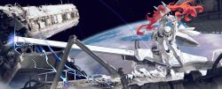  absurdres astronaut beam_rifle earth_(planet) energy_gun floating_hair highres in_orbit long_hair mobile_suit planet red_eyes red_hair sarcophage sidelighting space spacecraft spacesuit standing star_(sky) weapon 
