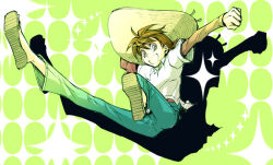  1boy brown_hair commentary_request full_body green_background hat jumping layered_sleeves long_sleeves male_focus matsumoto_temari mihira_sanpei open_mouth pants sandals shirt short_hair short_over_long_sleeves short_sleeves smile solo straw_hat tsurikichi_sanpei white_shirt 