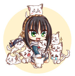  1girl :3 :d =_= animal_hug animal_on_head aqua_jacket black_hair blush_stickers bow chest_bow chibi chibi_only closed_eyes closed_mouth commentary_request crying dog dog_on_head eyes_visible_through_hair forehead_protector full_body green_eyes hair_between_eyes hair_ornament headpat hitachi_mako jacket looking_at_viewer multiple_dogs o_o on_head open_mouth petting red_bow sailor_collar school_uniform senren_banka serafuku shiroimaru short_hair_with_long_locks sitting sleeves_past_wrists smile solo sparkle streaming_tears tassel tassel_hair_ornament tears thick_eyebrows too_many too_many_dogs white_dog white_sailor_collar 
