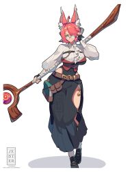  1girl ahoge animal_ear_fluff animal_ears aqua_eyes ascot baggy_pants belt black_shoes book chest_strap clothing_cutout collared_shirt covered_navel full_body highres hip_vent jesternalagon mage_staff original pants pink_hair round_eyewear shirt shoes short_hair solo staff utility_belt white_ascot white_background 