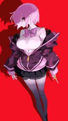  1girl absurdres black_skirt bow boxcutter breasts collared_shirt gridman_universe highres holding holding_boxcutter jacket jacket_partially_removed large_breasts leggings liba_(leo8d) long_sleeves looking_at_viewer miniskirt partially_unzipped purple_bow purple_hair red_background red_eyes shadow shinjou_akane shirt short_hair skirt solo ssss.gridman white_shirt 