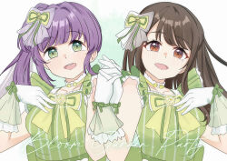  2girls 6th_live_dream_~bloom_garden_party~ absurdres animification be_proud_(love_live!) bow brown_eyes brown_hair collarbone commentary dress dress_bow english_commentary frilled_gloves frills gloves green_bow green_dress green_eyes green_ribbon hair_bow hair_bun hair_ribbon hanamiya_nina harukawa_inoki highres holding_hands interlocked_fingers love_live! love_live!_hasu_no_sora_jogakuin_school_idol_club mole mole_under_eye multiple_girls otomune_kozue pinstripe_dress pinstripe_pattern purple_hair real_life ribbon side_ponytail single_side_bun upper_body virtual_youtuber voice_actor white_gloves 