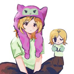  1boy :< animification baggy_pants black_roots black_shoes blonde_hair blush brown_eyes brown_pants brown_roots butterfly_sitting chibi colt_gray crew_neck cuffs facing_viewer gloves green_shirt handcuffs hat hat_with_ears highres kuromi light_blush lollt17 looking_at_viewer male_focus medium_hair multicolored_hair nose_blush one_eye_closed pants purple_hat real_life roots_(hair) sanrio shiny_eyes shirt shoes short_sleeves sidelocks sitting t-shirt teardrop third-party_edit tos_compliance_edit true_crime v_arms white_background 