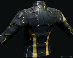  3d amarr_empire_(eve_online) black_jacket blender_(medium) bodysuit clothes_focus commentary company_logo copyright_logo copyright_name dark_background dated english_commentary eve_online from_behind grey_background highres jacket logo long_sleeves marmoset_toolbag_(medium) maya_(medium) no_humans official_art photorealistic realistic undoz upper_body yellow_trim zbrush_(medium) 
