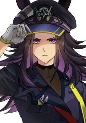  1girl animal_ears black_hair black_jacket black_shirt closed_mouth ears_through_headwear fenomeno_(black_flames_of_the_righteous_spirit)_(umamusume) fenomeno_(umamusume) flipped_hair frown gloves guinea499 hat highres horse_ears horse_girl horseshoe_hat_ornament horseshoe_ornament jacket long_hair long_sleeves looking_at_viewer multicolored_hair peaked_cap purple_hair shirt simple_background umamusume upper_body violet_eyes white_background white_gloves 