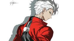  1boy archer_(fate) armor artist_name back breastplate brown_eyes coat fate/stay_night fate_(series) hair_slicked_back highres looking_back male_focus messy_hair red_coat shi_draco shirt signature simple_background solo spiky_hair upper_body white_hair white_shirt 