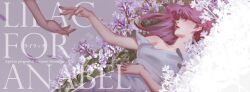  1girl absurdres aroma_white bad_source bare_shoulders cytus cytus_ii dress english_text field flower flower_field highres jeremy_jhang long_hair lying on_back out_of_frame parted_lips pink_hair reaching reaching_towards_another violet_eyes white_dress 