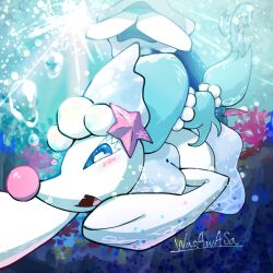  1girl :d applecandy_prpr blue_eyes blue_hair bright_pupils colored_eyelashes commentary_request fangs full_body furry furry_female gem hair_ornament highres long_hair looking_at_viewer multi-tied_hair open_mouth pearl pearl_hair_ornament pink_nose pokemon pokemon_(creature) primarina sea_lion simple_background skin_fangs smile snout solo starfish_hair_ornament underwater white_pupils 