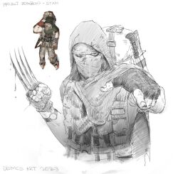  1boy 2023 artist_name backpack bag bandolier belt character_name claw_(weapon) clenched_hand cloak deimos_art fingerless_gloves gloves highres hood hooded_cloak knife looking_at_viewer machete mask mouth_mask pointing pointing_at_viewer project_zomboid reference_inset sketch solo watch watch weapon white_background 