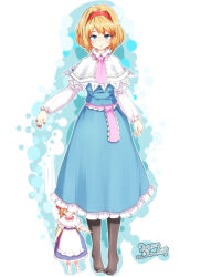  1girl alice_margatroid blonde_hair blue_dress blue_eyes brown_pantyhose capelet closed_mouth commentary_request dated doll dress frilled_dress frills full_body furim hairband highres jewelry long_sleeves looking_at_viewer pantyhose pink_sash puppet_rings puppet_strings red_hairband ring sash shanghai_doll short_hair signature solo touhou waist_sash white_capelet 