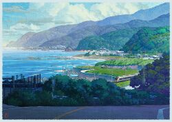  blue_sky breakwater building clouds commentary_request day japan landscape mountain mugumo_24k no_humans ocean original outdoors power_lines road rural scenery sky summer train tree utility_pole 