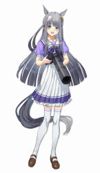  1girl animal_ears blue_eyes blunt_bangs blush bow bowtie breasts brown_shoes camera chrono_genesis_(umamusume) commentary_request grey_hair hair_between_eyes hair_ornament highres holding holding_camera horse_ears horse_girl horse_tail hoshino_(masssssh) long_hair looking_at_viewer male_focus open_mouth pleated_skirt puffy_short_sleeves puffy_sleeves purple_bow purple_bowtie purple_shirt sailor_collar sailor_shirt school_uniform shirt shoes short_sleeves simple_background skirt small_breasts smile solo tail thigh-highs tracen_school_uniform umamusume white_background white_skirt white_thighhighs 