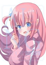  1girl absurdres ahoge blue_eyes blush bocchi_the_rock! breasts commentary_request cube_hair_ornament english_text fang gotoh_hitori hair_between_eyes hair_ornament highres jacket kurosak34412413 large_breasts long_hair open_mouth pink_hair pink_jacket side_ahoge skin_fang solo surprised upper_body white_background wide-eyed 