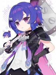  1girl :< armor artist_name black_choker black_dress black_gloves black_shorts blue_hair bolt_(hardware) cape checkered_background choker clenched_hand closed_mouth commentary_request cowboy_shot dress eyelashes fingerless_gloves fingernails four-pointed_star genshin_impact gloves hair_between_eyes hair_ornament hair_ribbon hairclip hammer hand_on_own_hip hand_up head_only hid_amar_i highres holding holding_hammer holding_weapon index_finger_raised looking_at_viewer nail_polish one_side_up open_mouth over_shoulder pink_cape prune_(genshin_impact) purple_nails purple_ribbon ribbon short_hair short_sleeves shorts shoulder_armor sidelocks solo standing two-tone_dress v-shaped_eyebrows violet_eyes weapon weapon_over_shoulder white_background white_dress 