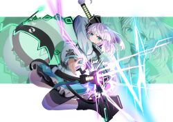  1girl absurdres alternate_costume bike_shorts black_jacket black_shoes black_shorts blue_eyes commentary_request energy_sword frilled_skirt frills green_skirt grey_hair guminemi highres hitodama holding holding_sword holding_weapon jacket konpaku_youmu konpaku_youmu_(ghost) konpaku_youmu_(lunar_war_gardener) looking_at_viewer medium_hair multicolored_jacket platform_shoes print_skirt shoes shorts skirt solo sword touhou touhou_lostword two-tone_jacket weapon white_jacket zoom_layer 